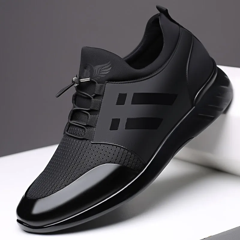 Men's black casual shoes with a hidden heel lift, shown in leather, mesh, and Lycra upper options.