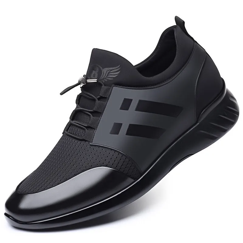 Men's black casual shoes with a hidden heel lift, shown in leather, mesh, and Lycra upper options.