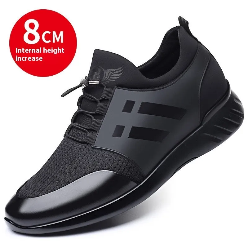 Men's black casual shoes with a hidden heel lift, shown in leather, mesh, and Lycra upper options.