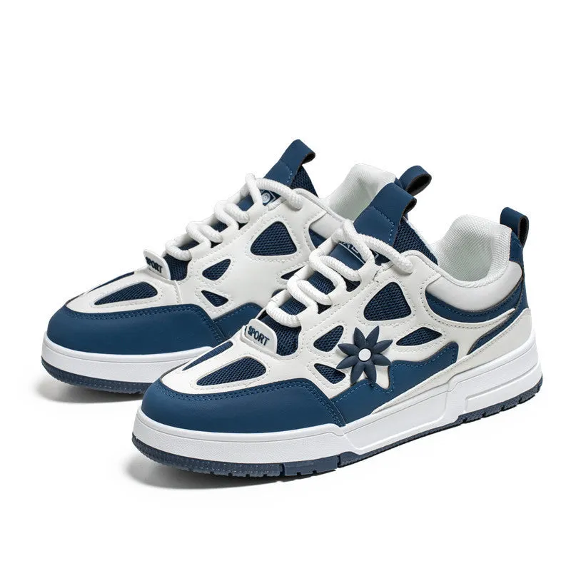 Men's Korean style bread shoes in black with belt decoration, flat heel, and low-top lace-up design