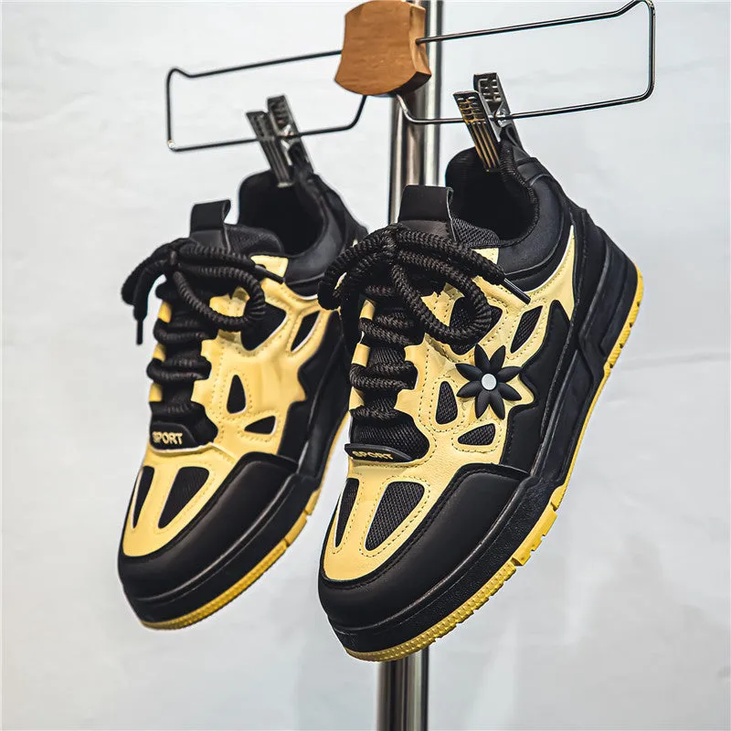 Men's Korean style bread shoes in black with belt decoration, flat heel, and low-top lace-up design