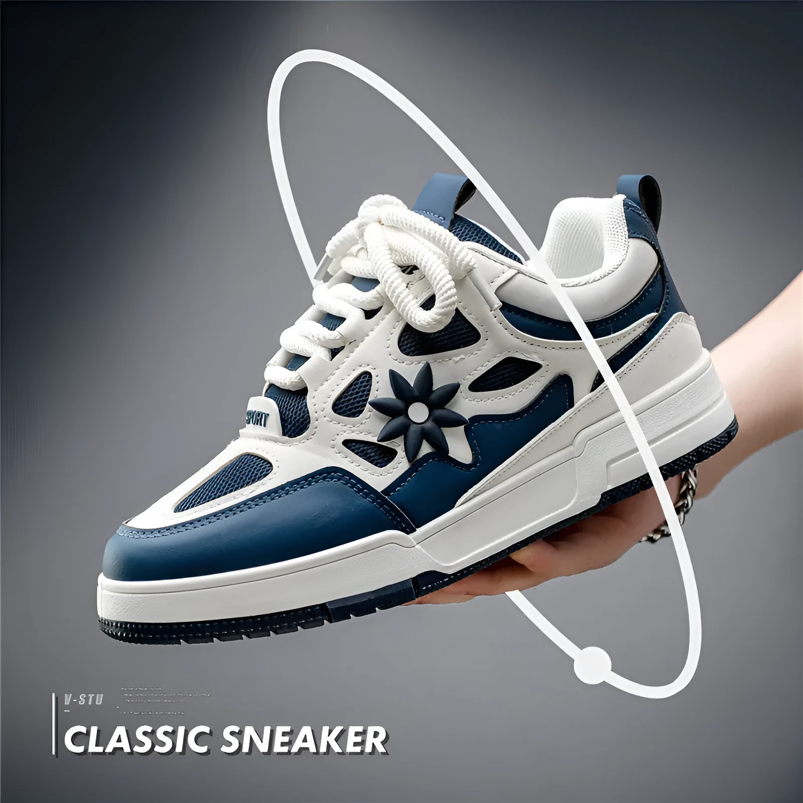 Men's Korean style bread shoes in black with belt decoration, flat heel, and low-top lace-up design