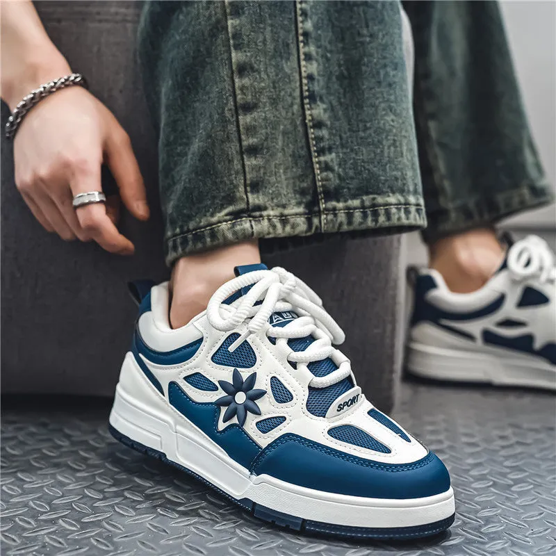 Men's Korean style bread shoes in black with belt decoration, flat heel, and low-top lace-up design