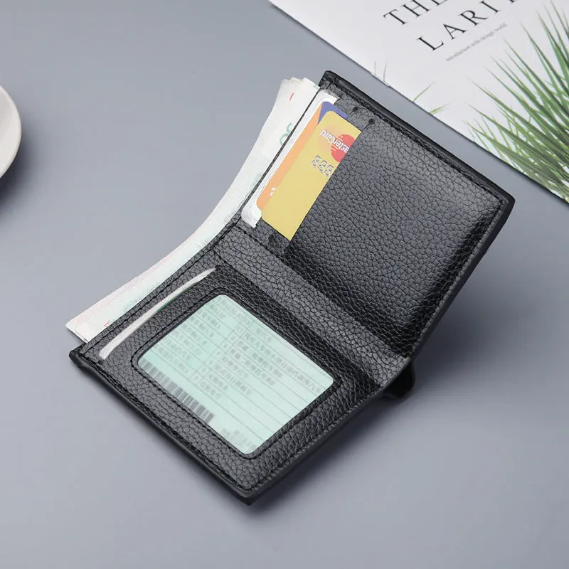 Men's vertical short wallet in PU leather, black finish, with multiple card and ID slots, 12.5 cm height