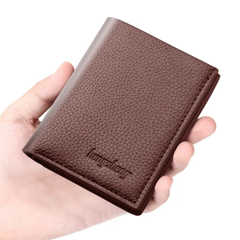 Men's vertical short wallet in PU leather, black finish, with multiple card and ID slots, 12.5 cm height