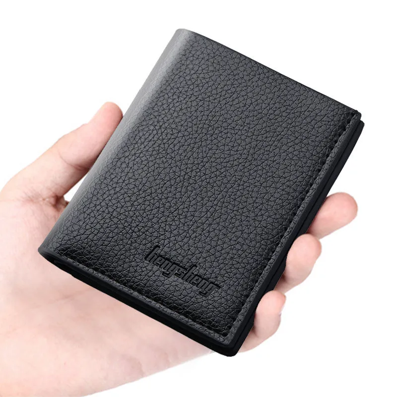 Men's vertical short wallet in PU leather, black finish, with multiple card and ID slots, 12.5 cm height