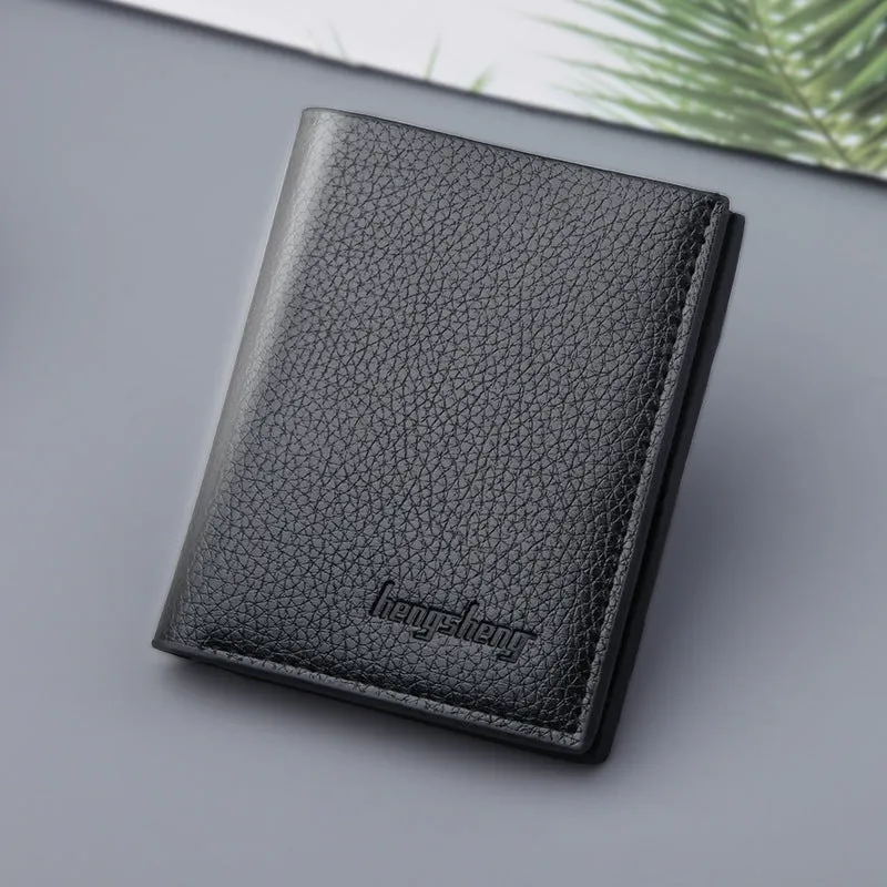 Men's vertical short wallet in PU leather, black finish, with multiple card and ID slots, 12.5 cm height