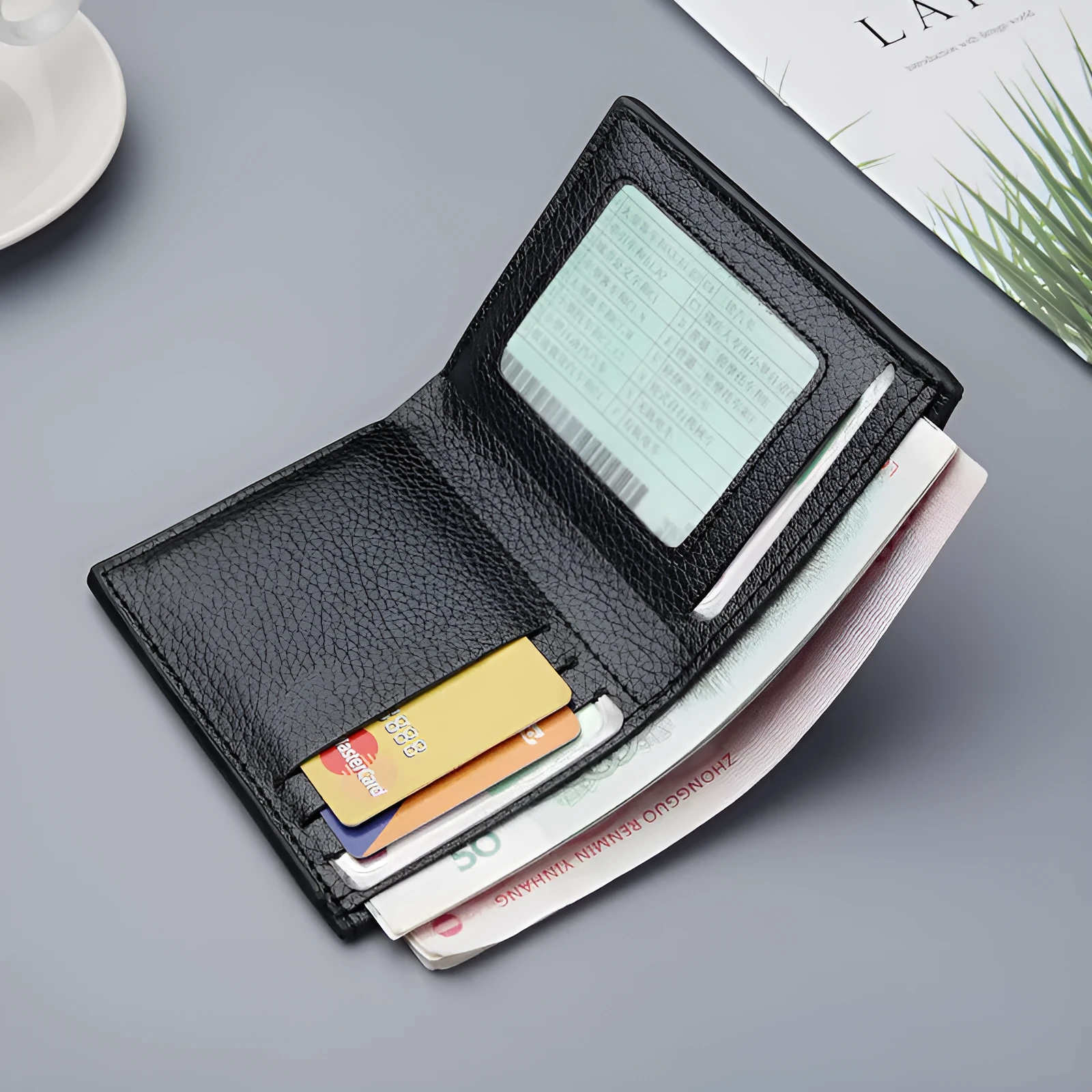 Men's vertical short wallet in PU leather, black finish, with multiple card and ID slots, 12.5 cm height