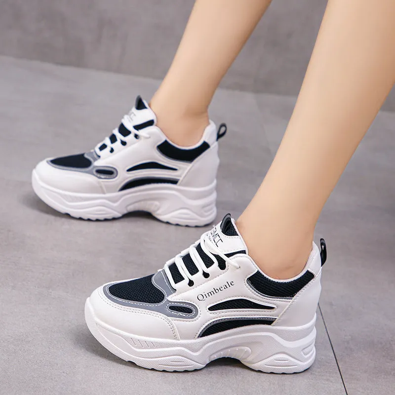White mesh and PU dad sneakers with height-increasing platform sole and 6-8cm wedge heel