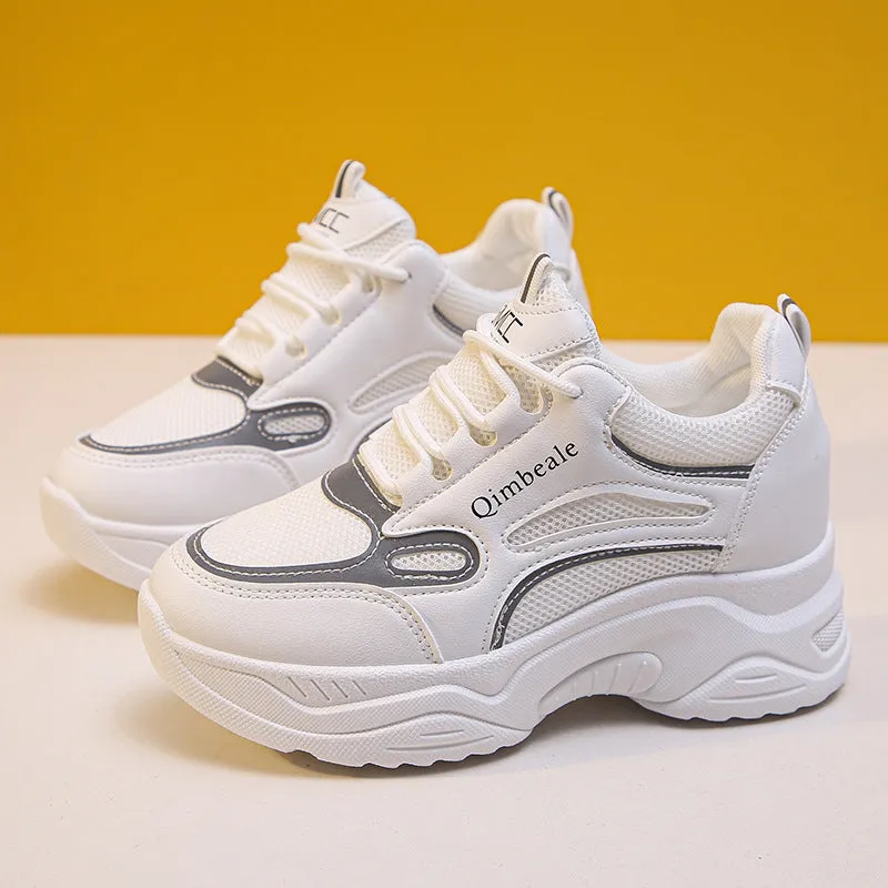 White mesh and PU dad sneakers with height-increasing platform sole and 6-8cm wedge heel