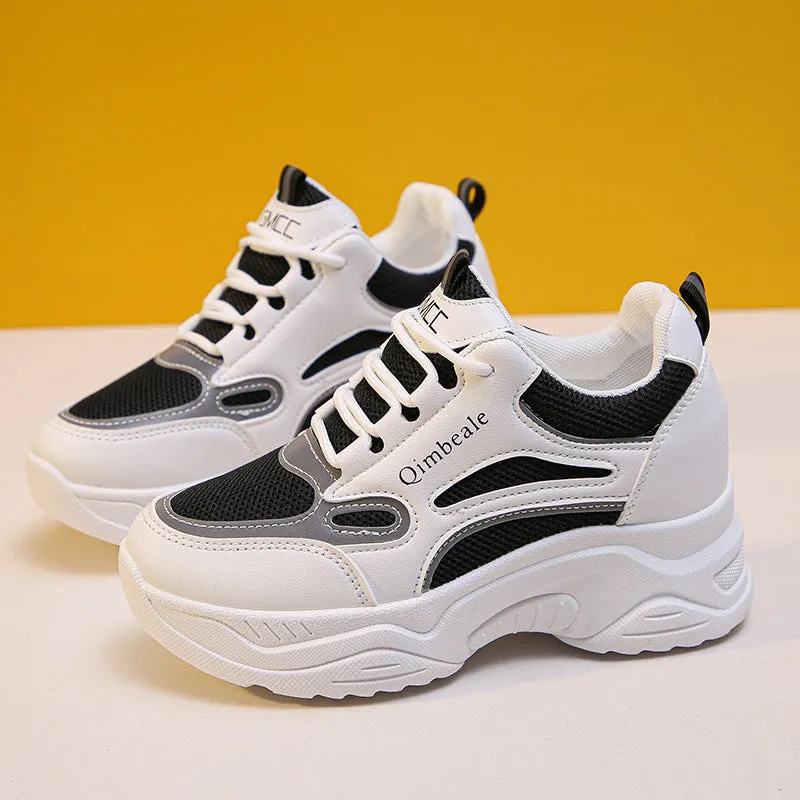 White mesh and PU dad sneakers with height-increasing platform sole and 6-8cm wedge heel