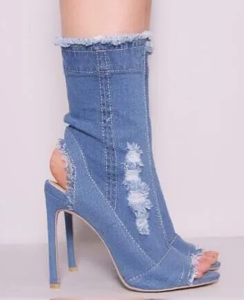 Fashion Runway peep toe denim ankle boots with PU upper, stiletto heel above 8cm, in style 1