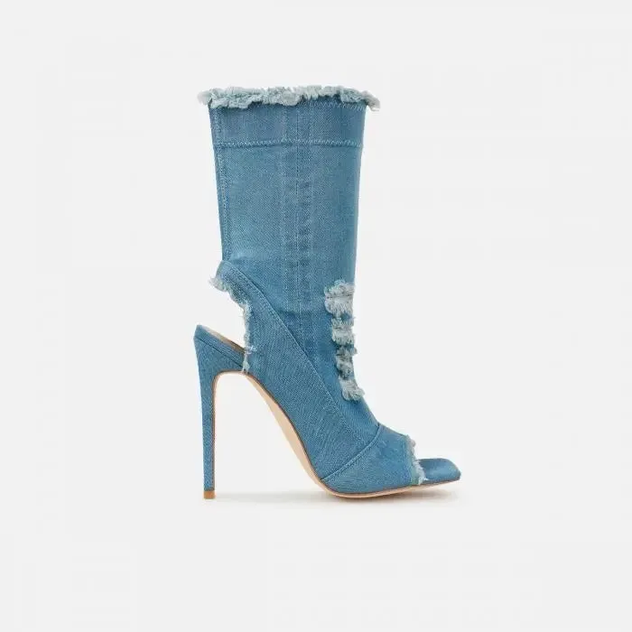 Fashion Runway peep toe denim ankle boots with PU upper, stiletto heel above 8cm, in style 1