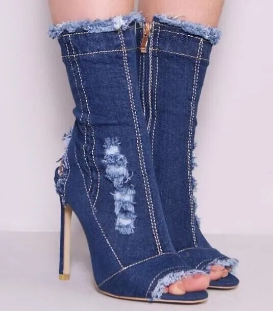 Fashion Runway peep toe denim ankle boots with PU upper, stiletto heel above 8cm, in style 1