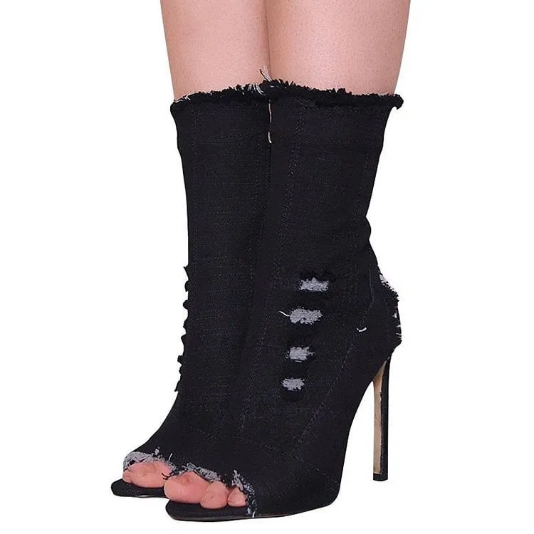 Fashion Runway peep toe denim ankle boots with PU upper, stiletto heel above 8cm, in style 1