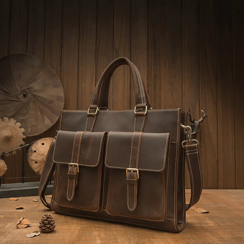 Handmade dark brown leather men's briefcase with top layer cowhide texture holding a 15-inch notebook and folder