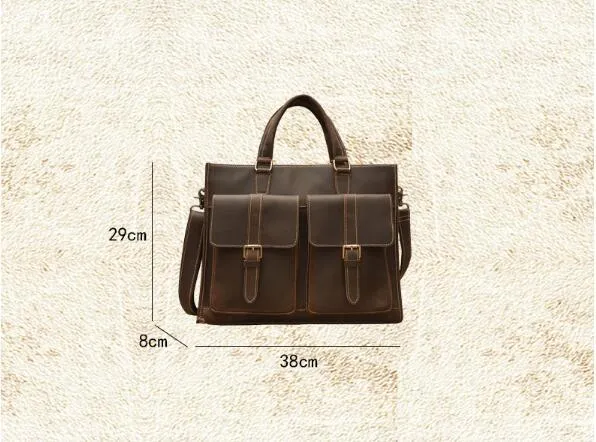 Handmade dark brown leather men's briefcase with top layer cowhide texture holding a 15-inch notebook and folder