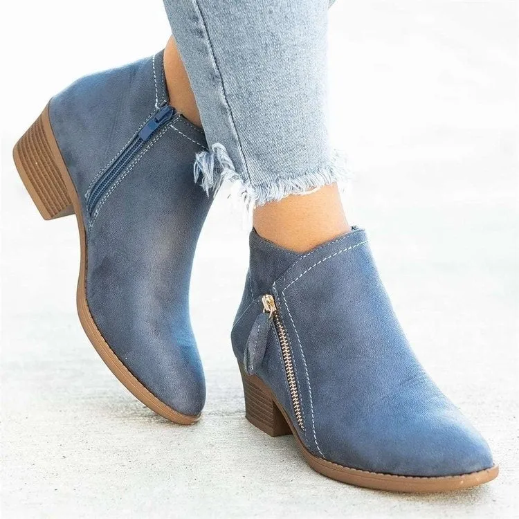 Women’s suede leather ankle boots with side zipper, thick heel, pointed toe, and non-slip sole in beige colour
