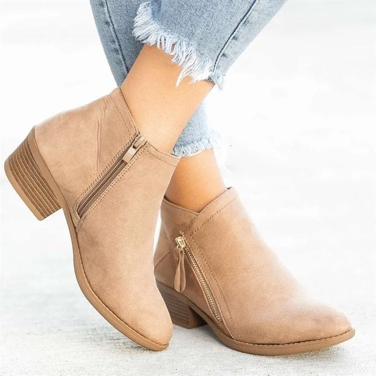 Women’s suede leather ankle boots with side zipper, thick heel, pointed toe, and non-slip sole in beige colour