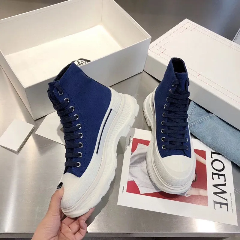 Women's denim casual shoes with platform sole, flat heel, available in black and blue colours