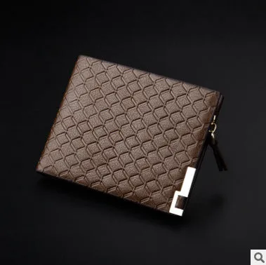 Men's embossed PU leather short business wallet with plaid pattern, 12x9.5x1.5cm, horizontal black colour