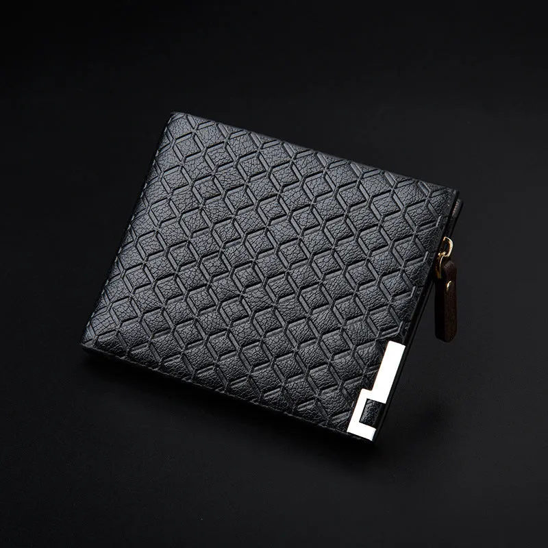 Men's embossed PU leather short business wallet with plaid pattern, 12x9.5x1.5cm, horizontal black colour