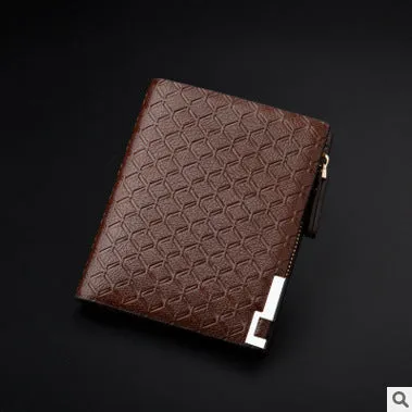 Men's embossed PU leather short business wallet with plaid pattern, 12x9.5x1.5cm, horizontal black colour