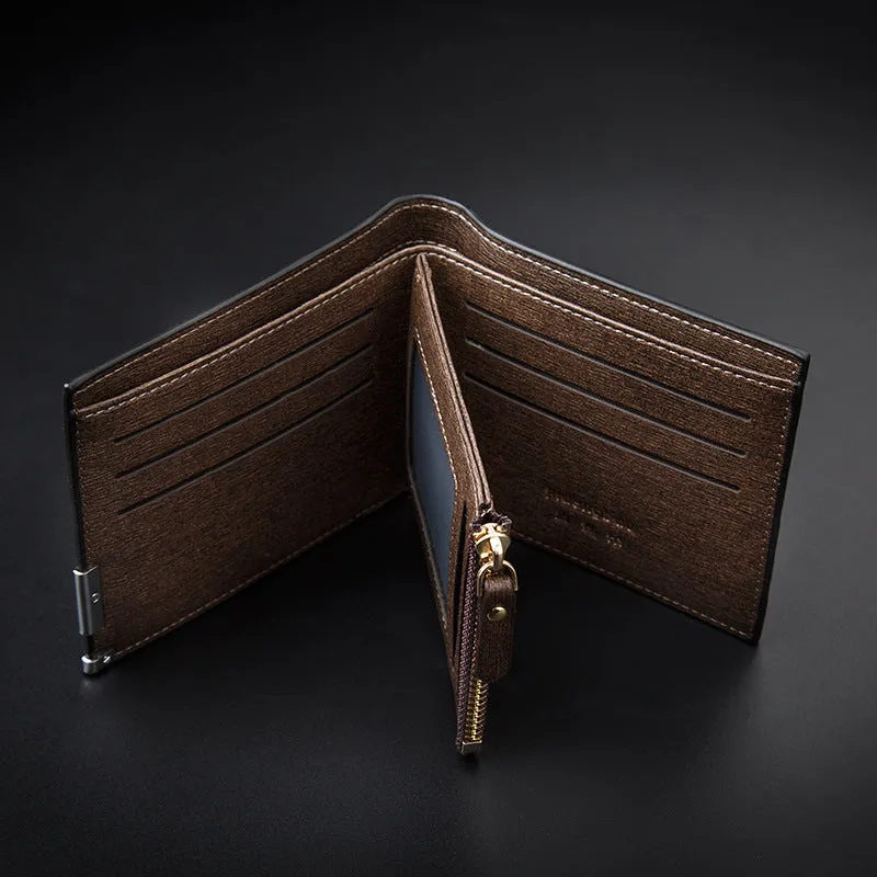 Men's embossed PU leather short business wallet with plaid pattern, 12x9.5x1.5cm, horizontal black colour