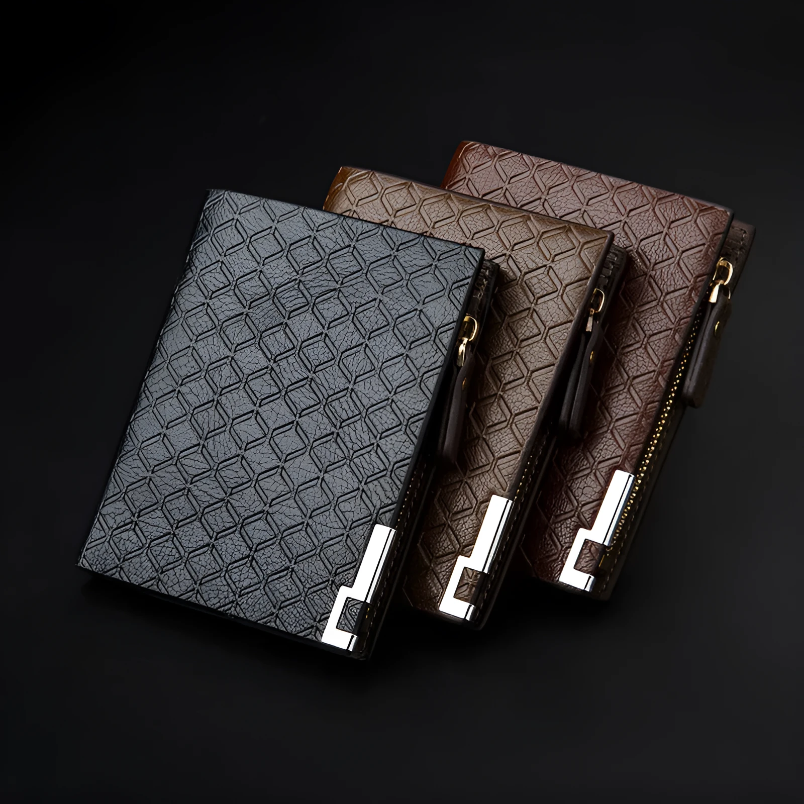 Men's embossed PU leather short business wallet with plaid pattern, 12x9.5x1.5cm, horizontal black colour