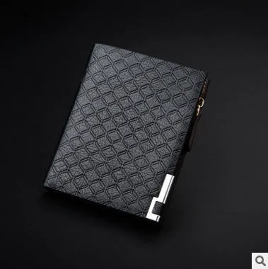 Men's embossed PU leather short business wallet with plaid pattern, 12x9.5x1.5cm, horizontal black colour