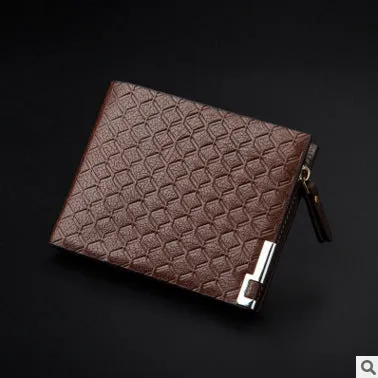 Men's embossed PU leather short business wallet with plaid pattern, 12x9.5x1.5cm, horizontal black colour