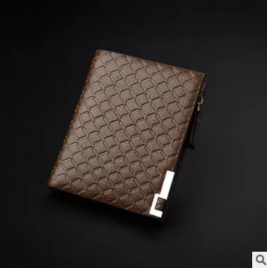 Men's embossed PU leather short business wallet with plaid pattern, 12x9.5x1.5cm, horizontal black colour