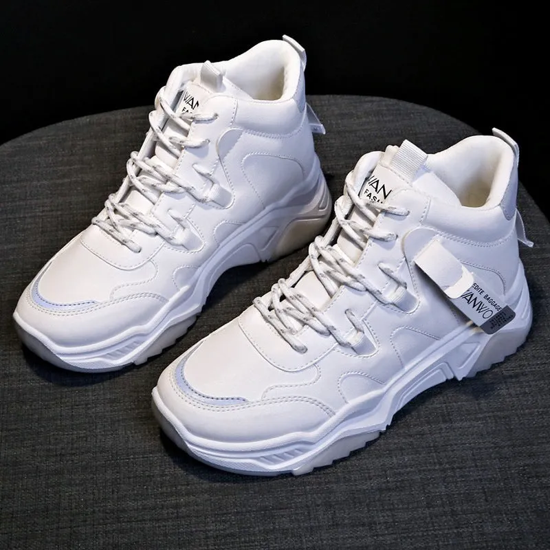 Women's high top white sneakers with PU upper, rubber sole, lace-up fastening on a plain background