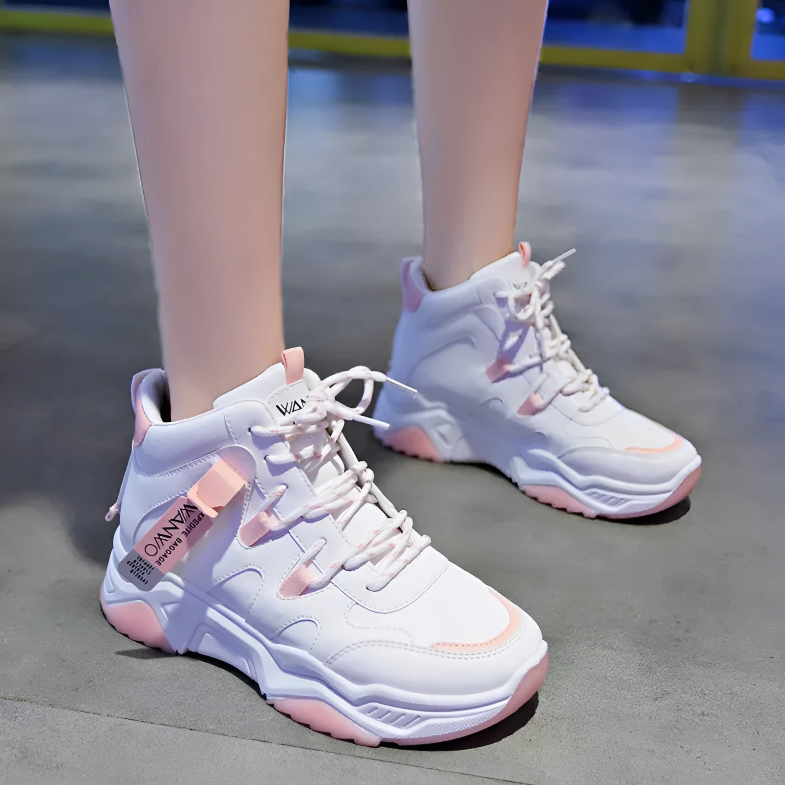 Women's high top white sneakers with PU upper, rubber sole, lace-up fastening on a plain background