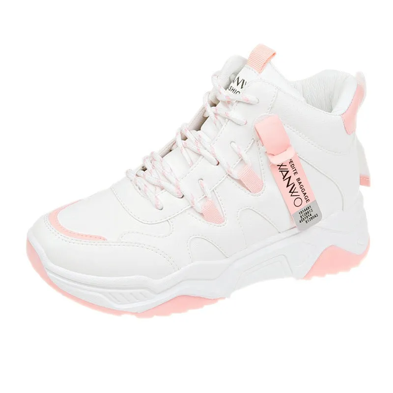 Women's high top white sneakers with PU upper, rubber sole, lace-up fastening on a plain background