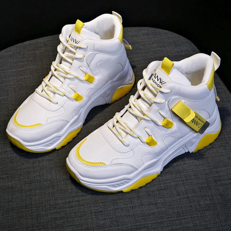 Women's high top white sneakers with PU upper, rubber sole, lace-up fastening on a plain background
