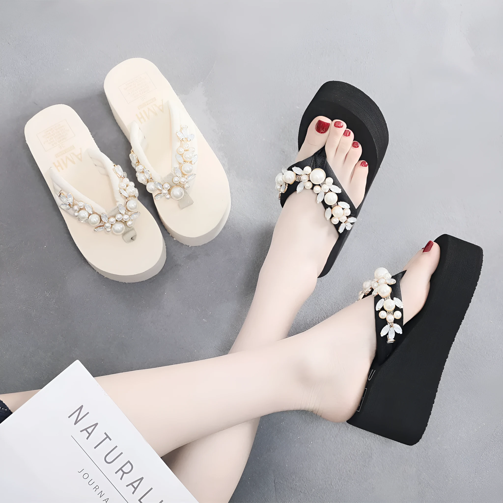 Women's beige high-heeled flip-flop sandals with cotton cloth upper on a light background.