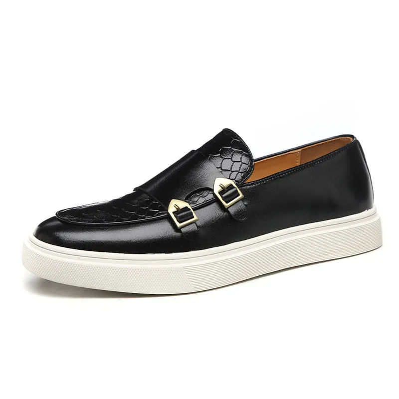 Men's casual embossed leather stitching shoes with flat heel, round toe, black and brown colour, sizes 38-46