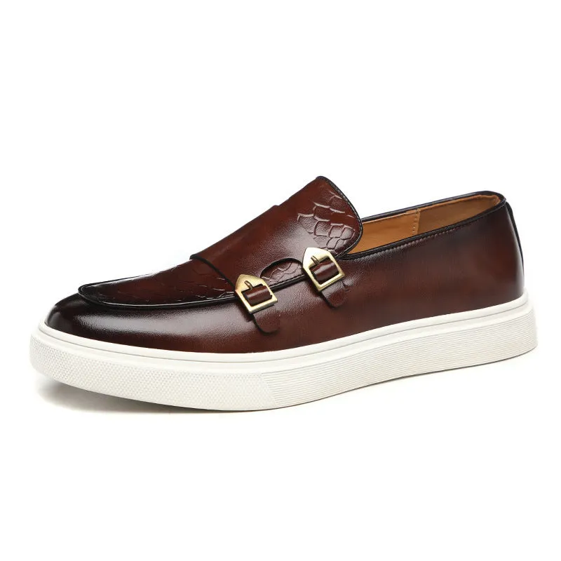Men's casual embossed leather stitching shoes with flat heel, round toe, black and brown colour, sizes 38-46