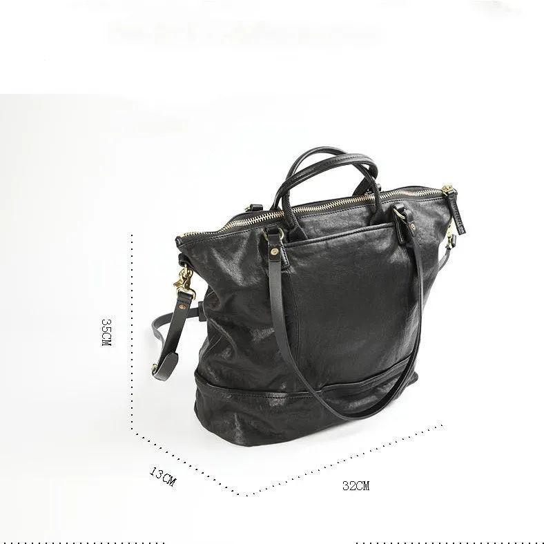 Black handmade vegetable tanned cowhide tote bag with zipper closure and 15-inch computer slot for daily outdoor use