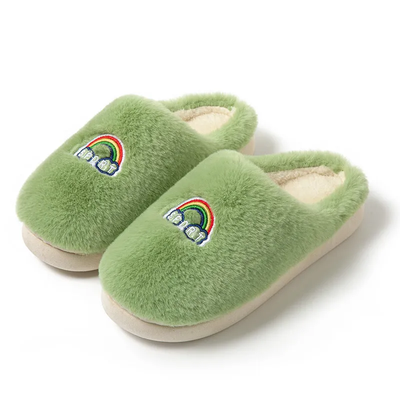 Kawaii rainbow embroidered warm plush slip-on slippers with rubber sole round toe indoor home footwear
