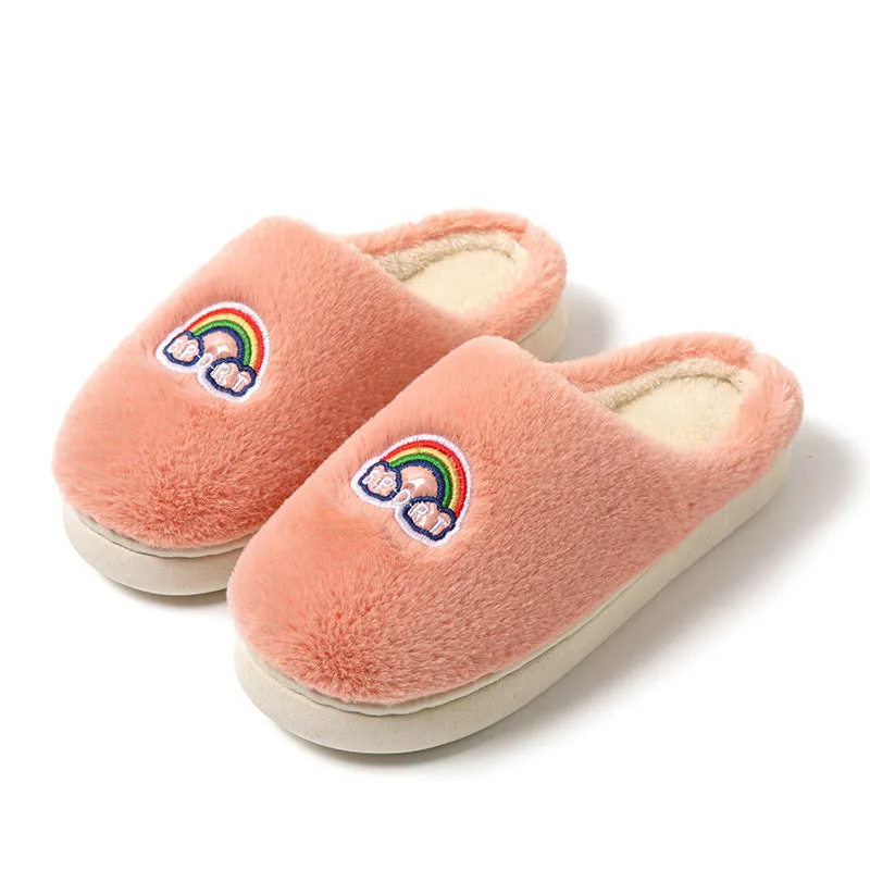 Kawaii rainbow embroidered warm plush slip-on slippers with rubber sole round toe indoor home footwear