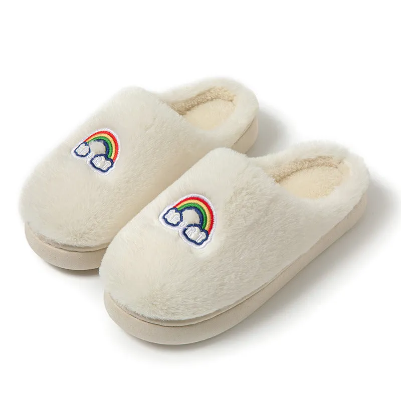 Kawaii rainbow embroidered warm plush slip-on slippers with rubber sole round toe indoor home footwear