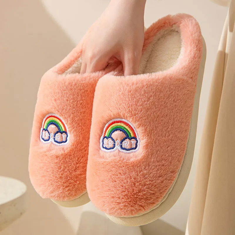 Kawaii rainbow embroidered warm plush slip-on slippers with rubber sole round toe indoor home footwear