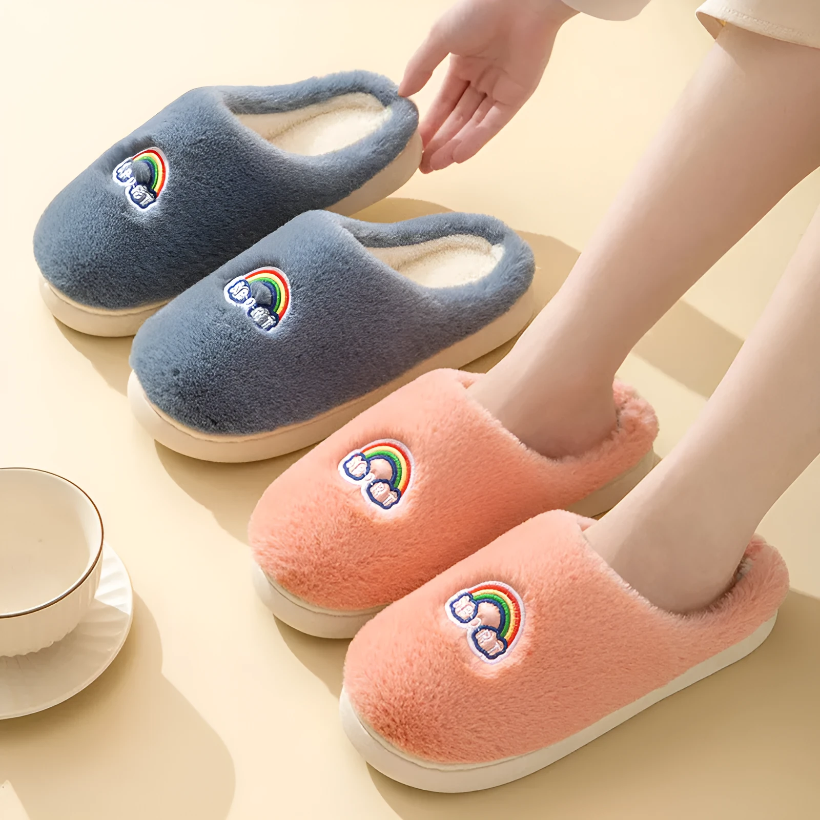 Kawaii rainbow embroidered warm plush slip-on slippers with rubber sole round toe indoor home footwear