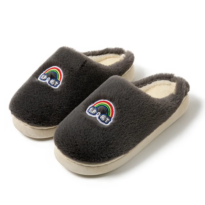 Kawaii rainbow embroidered warm plush slip-on slippers with rubber sole round toe indoor home footwear
