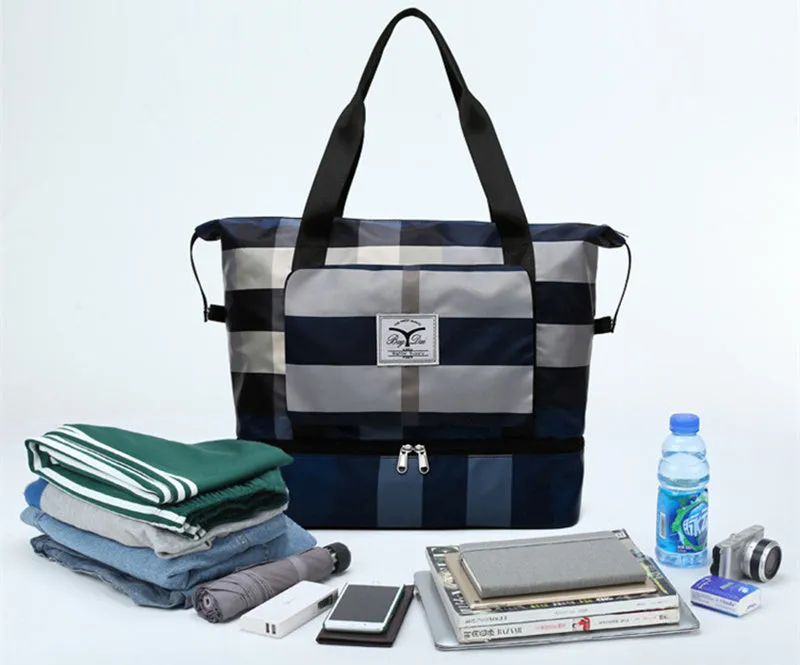 Foldable travel duffel bag waterproof Oxford cloth dry wet separation black