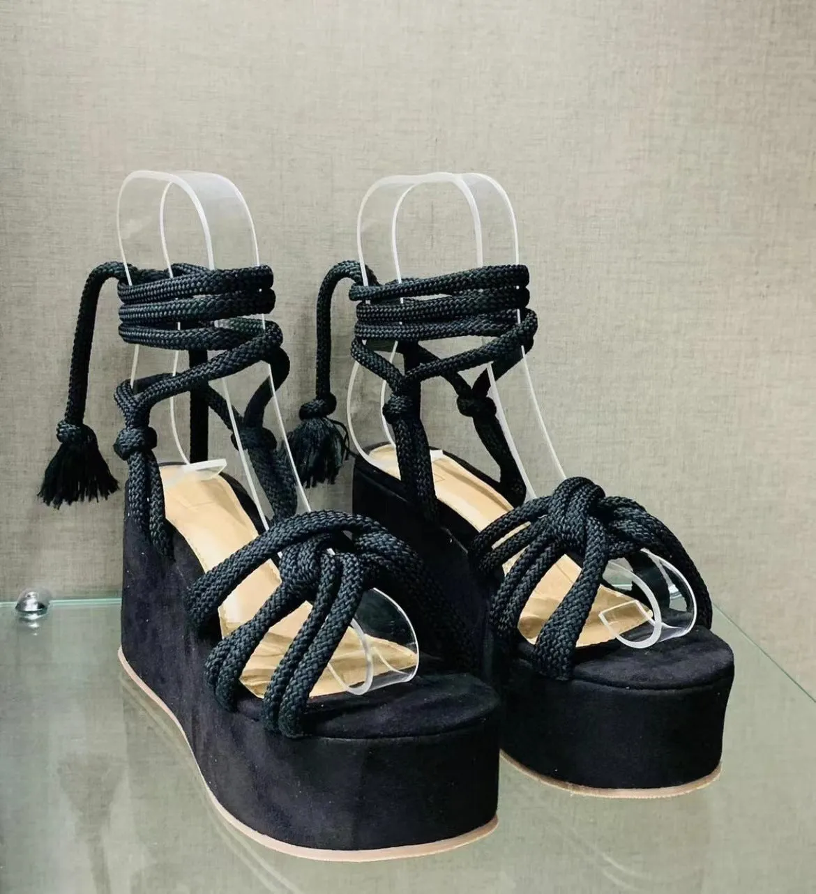 Summer women high heel wedge strappy sandals in red, round toe, PVC upper