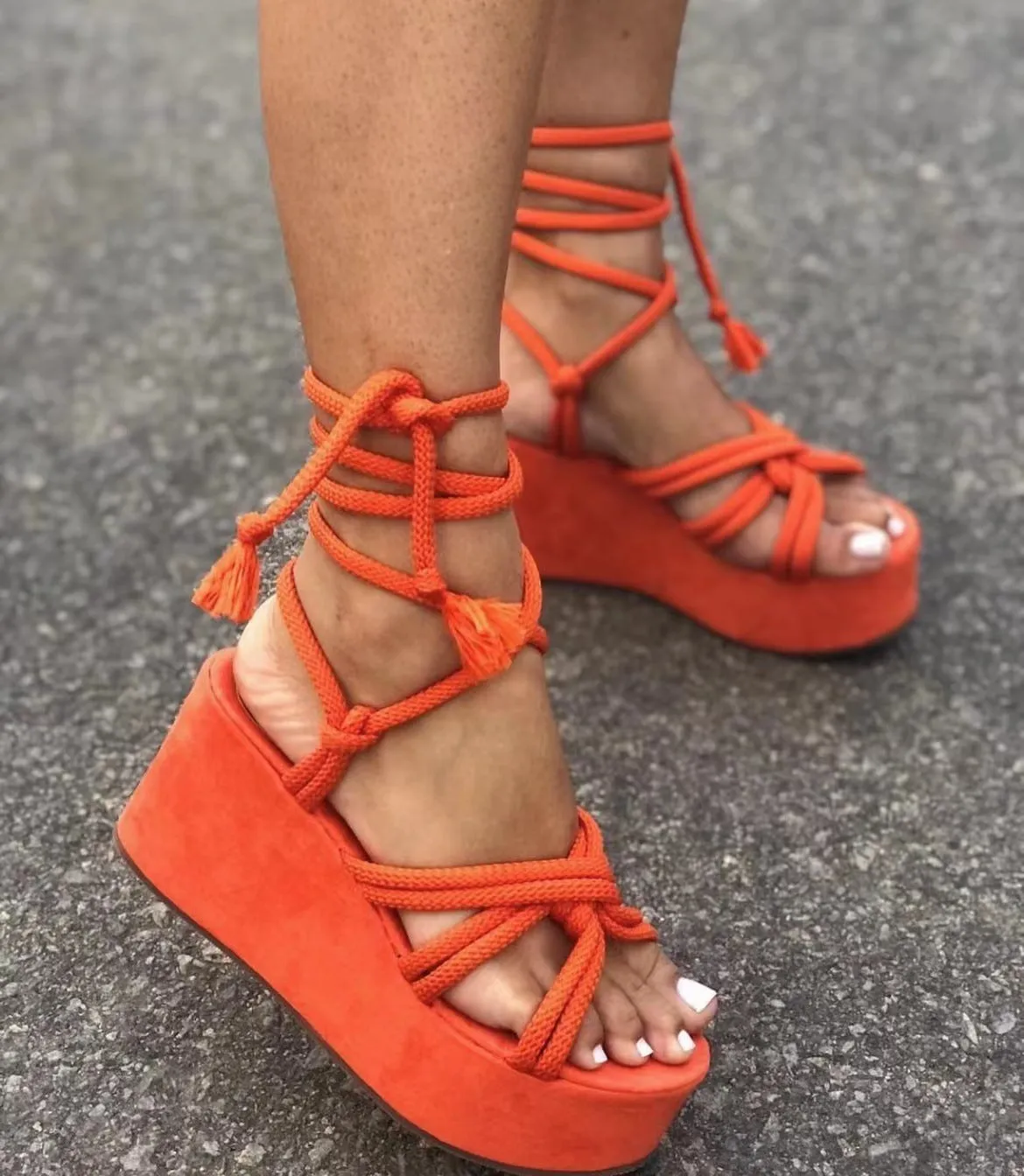 Summer women high heel wedge strappy sandals in red, round toe, PVC upper