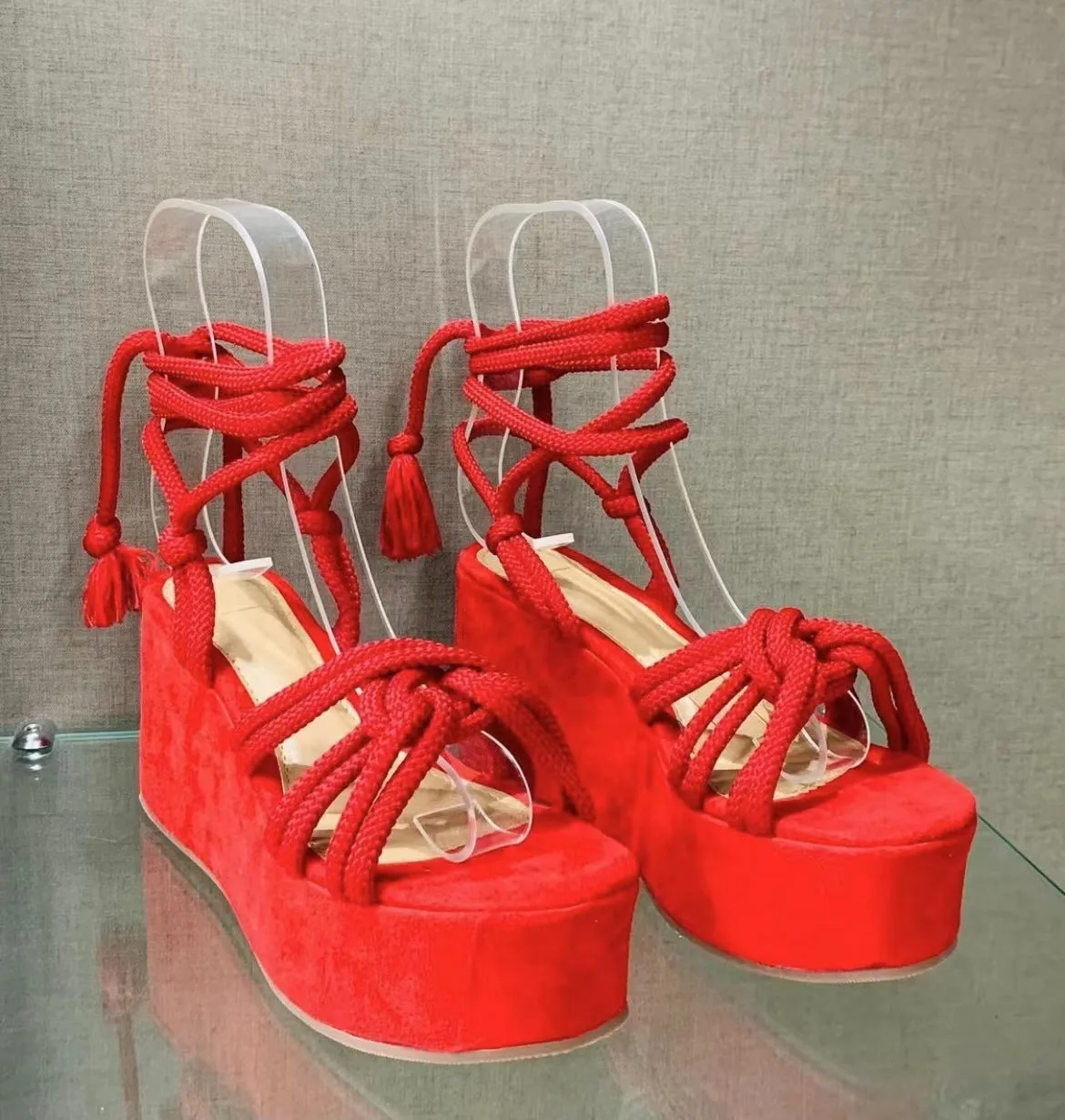 Summer women high heel wedge strappy sandals in red, round toe, PVC upper